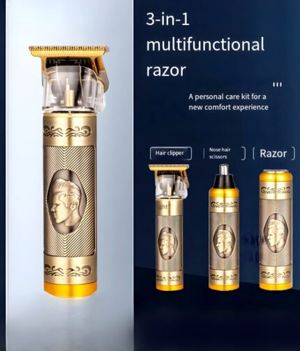 3-In-1 Vintage Grooming Set USB Rechargeable Multi-Functional Hair Clipper, Shaver, And Nose Trimmer For Men