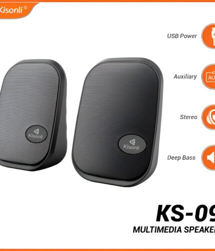 Kisonli KS-09 USB 2.0 Stereo Multimedia Speakers – Dual 3W Output, AUX & USB Powered, Compact Design for Desktop, Laptop, Mobile & Tablets