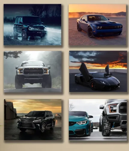 set of 6 sports car themed wooden canvas frames / super cars sticky phototiles