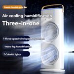 3-in-1 Multifunctional Rechargeable Spray Cooling Fan with Dual Head, 3 Wind Speeds, 90° Rotation and RGB LED Lights
