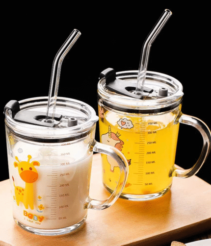 Unicorn Shape 350 ML Glass Mug with Straw and Lid Creative Cartoon Children's Glass Milk Cup Juice Glass Drink Ware Water Bottle 1 pcs (Unicorn Shape )