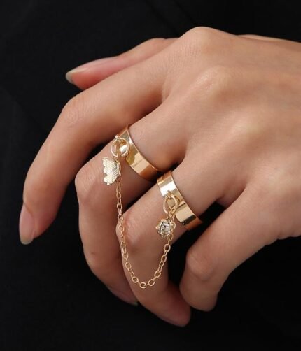 2 Finger Gold Butterfly rings | Trendy Butterfly pair rings set | Gold plated stainless steel | Adjustable size