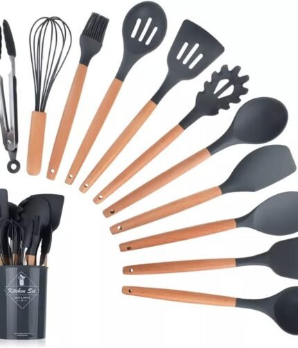 12 Pcs Silicone Cooking Utensils Kitchen Utensil Set | Heat Resistant Kitchen Non toxic Spatula Set with Turner Tongs,Spoon,Brush,Whisk-Wooden Handle