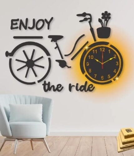 enjoy the ride  bicycle style Wooden Clock with light 3d wall clock