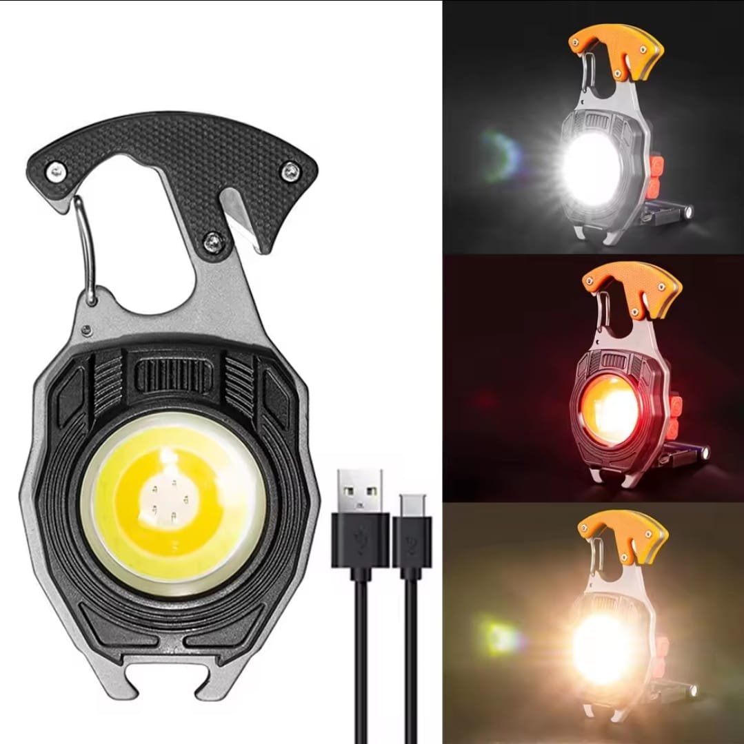 Multifunction Keychain COB Work Lights Strong Magnet Mini Torch with Cigarette Lighter Screwdriver USB Rechargeable Flashlight (Random color)