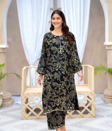 black flower printed suit pcs Stitched Suit Stone Winter linen Suit WINTER COLLECTION