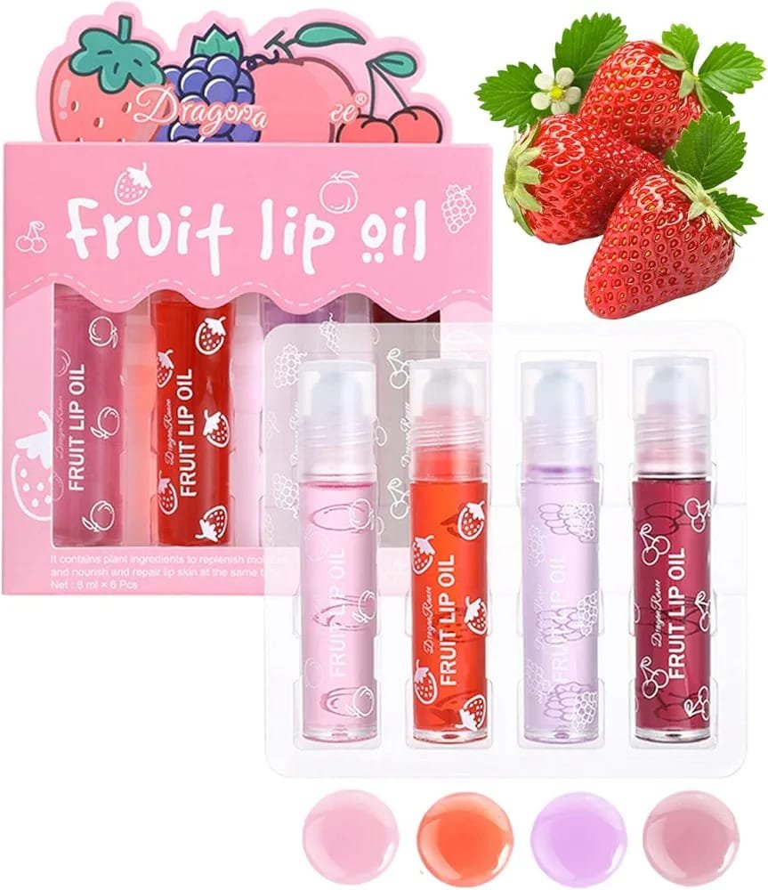 Pack of 4 - Fruit Lip Oil Set, Non-Sticky Long Lasting Moisturizing Lip Oil Lip Care Oil