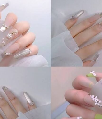 10 PCs Fake Nails False Nails Wearable Nails Stylish Pattern Artificial Nails | Fake Nails For Girls | Artificial Nails For Women with Sticking Dots ( Random Design )