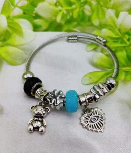 1 Piece Imported Elegant Charm Steel Wire Pandora Bracelet with Bear and Heart Details | Best Quality Bracelet For Girls