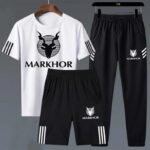 3 Piece Markhor Printed White & Black Summer Tracksuit Markhor Printed Tracksuit For Men | Markhor Combo Deal