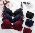 Women's Lace Push-Up Bra Set Sexy Wireless Jacquard Bra with Bow Panties