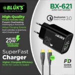 BLUKS BX-621 25W Super Fast Charger with 60W PD Cable Type C and Qualcomm Quick Charge 3.0